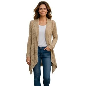 Lovestitch draped cowl neck open cardigan beige crochet knit Size S